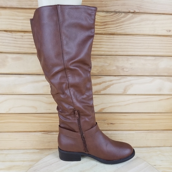 Apt 9 Knee High IRENE Fashion Boots Brown Cognac Faux Leather 1/4 Zip Women's 7W - Picture 9 of 12
